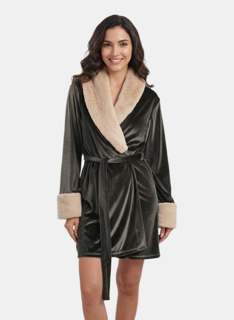 Carina Velvet Robe with Fur Trim - Image 1